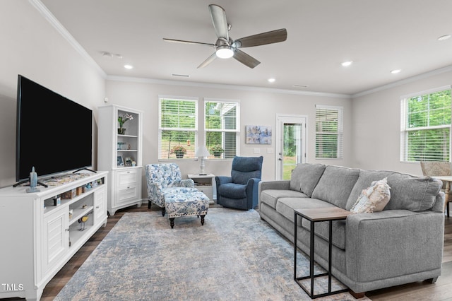 1615 Emory Ridge Way, Wake Forest, NC 27587 - living area with healthy amount of natural light, dark wood-style floors, a ceiling fan, ornamental molding, and recessed lighting