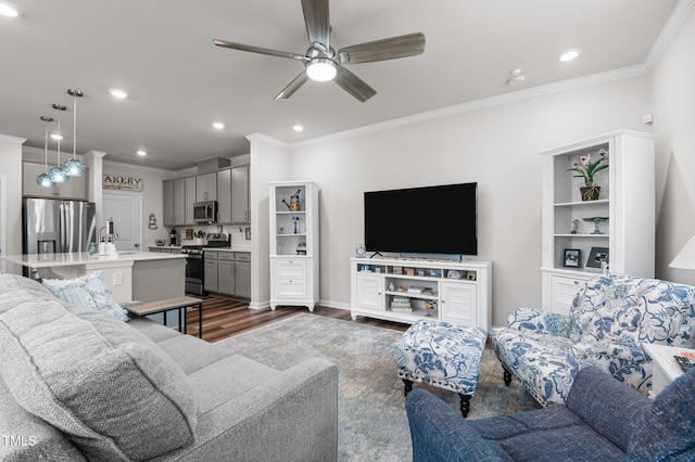 1615 Emory Ridge Way, Wake Forest, NC 27587 - living area featuring crown molding, dark wood finished floors, a ceiling fan, recessed lighting, and baseboards