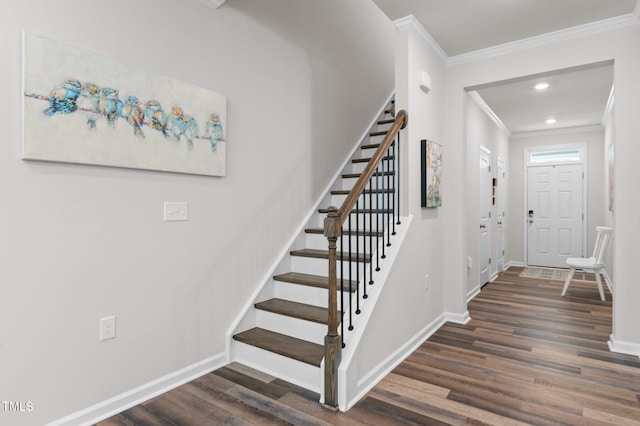 1615 Emory Ridge Way, Wake Forest, NC 27587 - stairs featuring ornamental molding, wood finished floors, baseboards, and recessed lighting