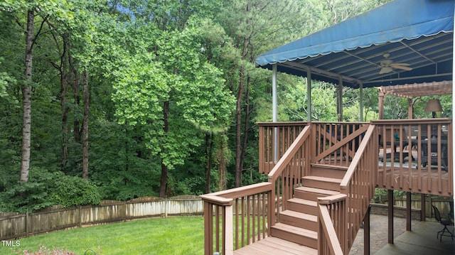 1332 Kinsdale Dr, Raleigh, NC 27615 - wooden deck featuring stairway, ceiling fan, and a view of trees