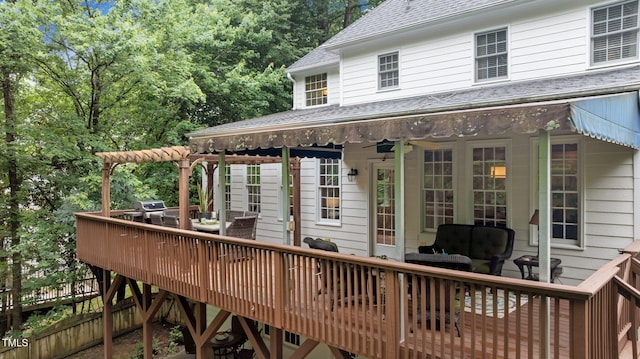 1332 Kinsdale Dr, Raleigh, NC 27615 - wooden terrace featuring an outdoor living space and a ceiling fan