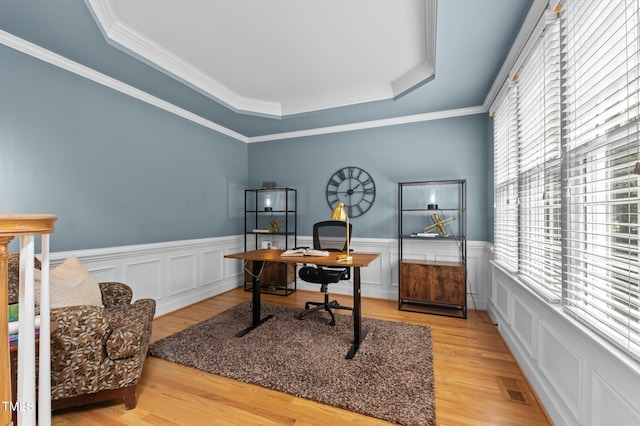 1332 Kinsdale Dr, Raleigh, NC 27615 - office space featuring healthy amount of natural light, a wainscoted wall, a tray ceiling, ornamental molding, and wood finished floors