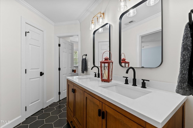 1332 Kinsdale Dr, Raleigh, NC 27615 - bathroom featuring double vanity, ornamental molding, and tile patterned flooring