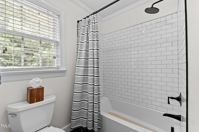 1332 Kinsdale Dr, Raleigh, NC 27615 - bathroom featuring ornamental molding, shower / bath combo with shower curtain, and toilet