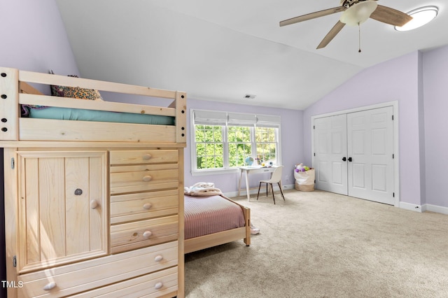 1332 Kinsdale Dr, Raleigh, NC 27615 - bedroom featuring vaulted ceiling, baseboards, carpet, ceiling fan, and a closet
