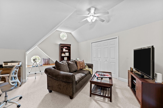 1332 Kinsdale Dr, Raleigh, NC 27615 - living area featuring a ceiling fan, carpet, vaulted ceiling, and baseboards
