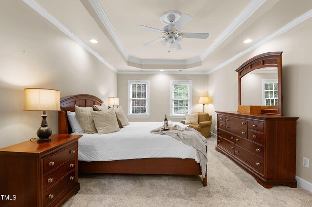 1332 Kinsdale Dr, Raleigh, NC 27615 - bedroom with crown molding, a raised ceiling, light colored carpet, recessed lighting, and ceiling fan
