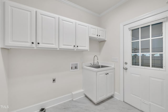 5121 Ten Point Trl, Wake Forest, NC 27587 - laundry room with washer hookup, light marble finish flooring, crown molding, hookup for an electric dryer, and cabinet space