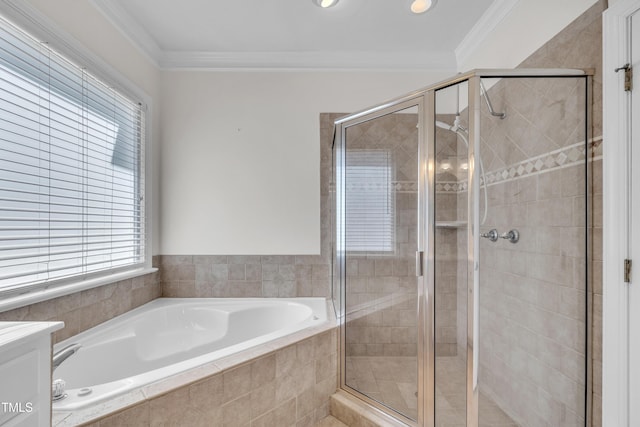 5121 Ten Point Trl, Wake Forest, NC 27587 - bathroom featuring a bath, a stall shower, ornamental molding, vanity, and recessed lighting