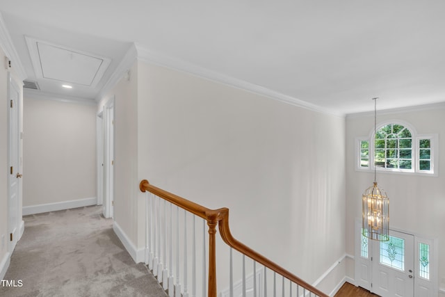 5121 Ten Point Trl, Wake Forest, NC 27587 - hall with an upstairs landing, ornamental molding, carpet, baseboards, and attic access