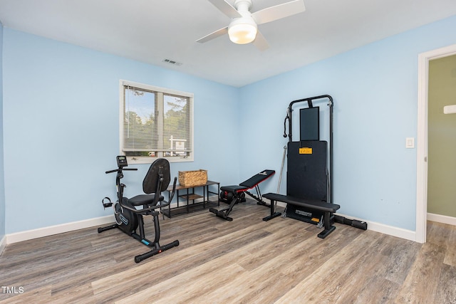 139 Hollyhock Ct, Durham, NC 27713 - workout area featuring wood finished floors, a ceiling fan, and baseboards