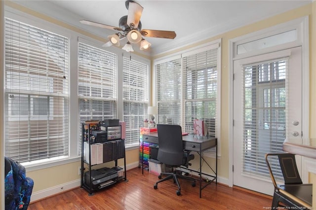 15 London Way, Spring Lake, NC 28390 - office area with a ceiling fan, wood finished floors, baseboards, and ornamental molding