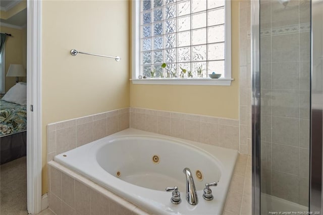 15 London Way, Spring Lake, NC 28390 - full bathroom with connected bathroom, a jetted tub, a stall shower, and crown molding