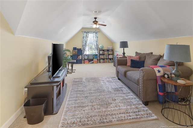 15 London Way, Spring Lake, NC 28390 - living room featuring carpet floors, vaulted ceiling, and a ceiling fan