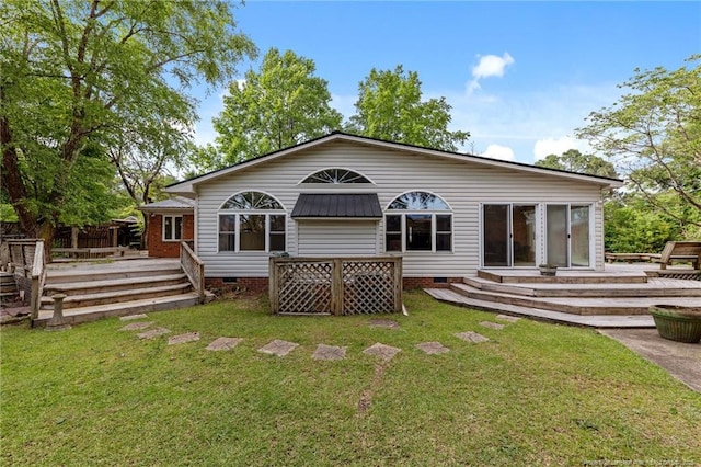114 Birch Cir, Raeford, NC 28376 - back of house featuring a wooden deck, a yard, and crawl space