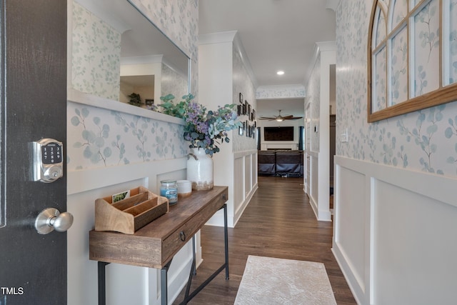 40 Bourne Dr, Franklinton, NC 27525 - corridor featuring wallpapered walls, dark wood-type flooring, ornamental molding, and baseboards