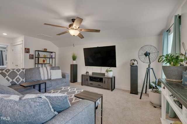 40 Bourne Dr, Franklinton, NC 27525 - living room featuring ceiling fan, carpet flooring, lofted ceiling, recessed lighting, and baseboards