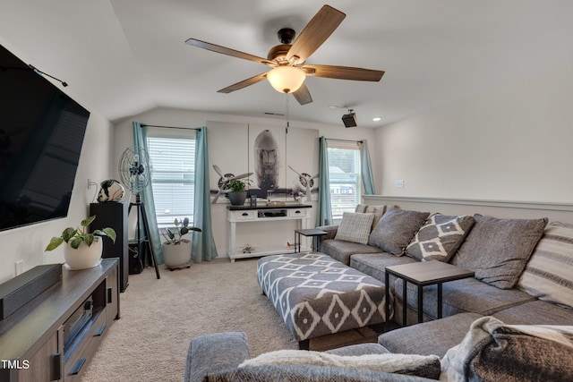 40 Bourne Dr, Franklinton, NC 27525 - living area featuring plenty of natural light, ceiling fan, light colored carpet, and vaulted ceiling