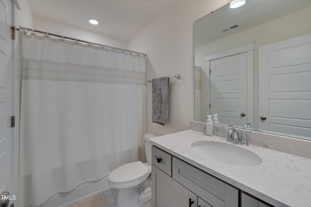 40 Bourne Dr, Franklinton, NC 27525 - full bathroom with vanity, toilet, shower / bathtub combination with curtain, tile patterned flooring, and recessed lighting