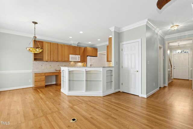 1003 Blackberry Ln, Durham, NC 27712 - kitchen with open shelves, white appliances, light wood-style flooring, decorative backsplash, and pendant lighting