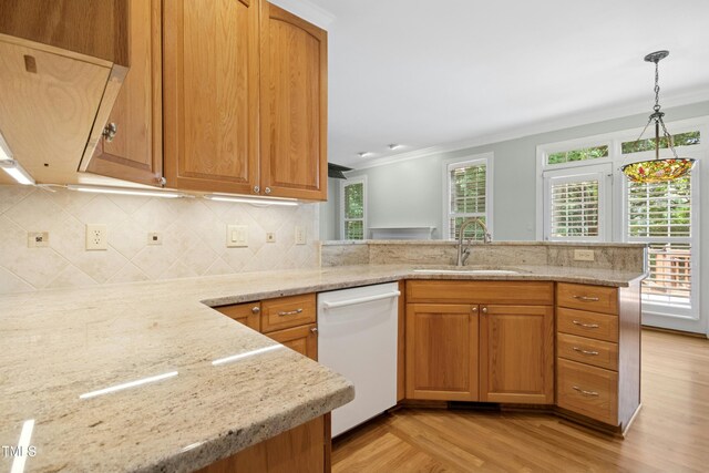 1003 Blackberry Ln, Durham, NC 27712 - kitchen with dishwasher, ornamental molding, a peninsula, light wood-type flooring, and backsplash