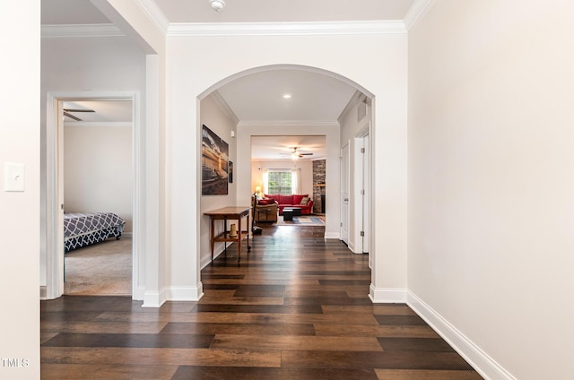 1828 Wellspring Ct, Graham, NC 27253 - corridor with dark wood-style flooring, ornamental molding, baseboards, and arched walkways