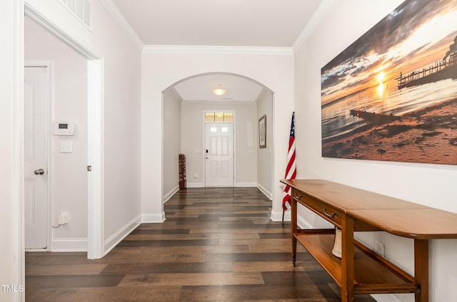 1828 Wellspring Ct, Graham, NC 27253 - entrance foyer with arched walkways, ornamental molding, wood finished floors, and baseboards