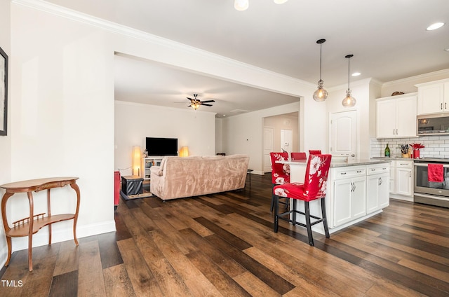 1828 Wellspring Ct, Graham, NC 27253 - kitchen featuring appliances with stainless steel finishes, dark wood-type flooring, white cabinets, backsplash, and recessed lighting