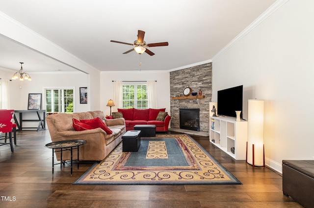 1828 Wellspring Ct, Graham, NC 27253 - living area with ceiling fan, wood-type flooring, crown molding, a chandelier, and a fireplace