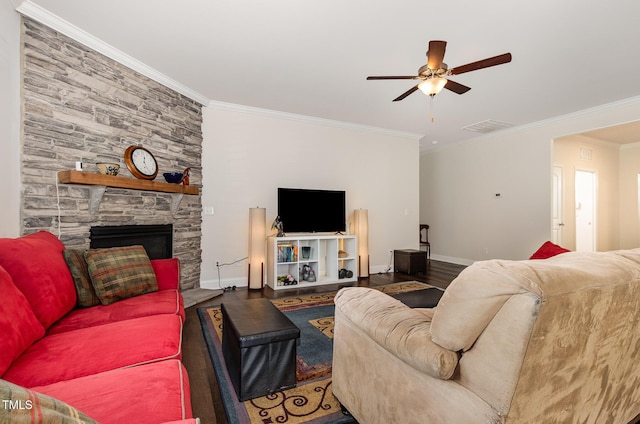 1828 Wellspring Ct, Graham, NC 27253 - living area featuring ceiling fan, wood finished floors, crown molding, baseboards, and a fireplace