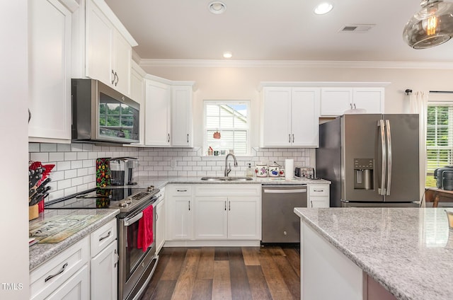 1828 Wellspring Ct, Graham, NC 27253 - kitchen featuring stainless steel appliances, a sink, white cabinets, dark wood-style floors, and crown molding