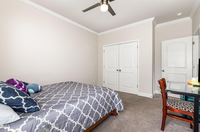 1828 Wellspring Ct, Graham, NC 27253 - carpeted bedroom featuring crown molding, a closet, baseboards, and ceiling fan