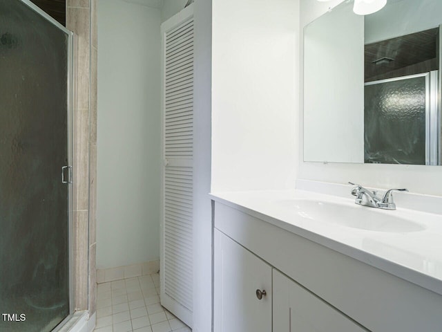 2316 Champion Ct, Raleigh, NC 27606 - bathroom with vanity, a stall shower, and tile patterned floors