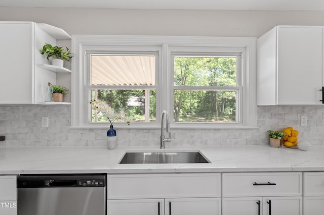 2003 Broadway Rd, Sanford, NC 27332 - kitchen with stainless steel dishwasher, a sink, white cabinets, open shelves, and decorative backsplash
