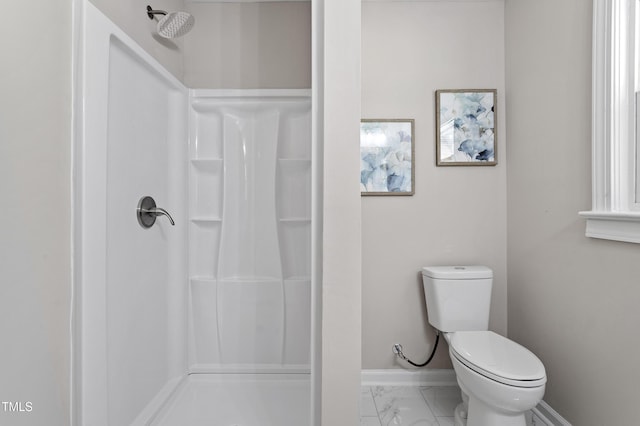 2003 Broadway Rd, Sanford, NC 27332 - bathroom with a shower stall, marble finish floors, baseboards, and toilet