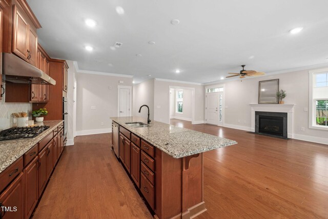 10310 Sablewood Dr Unit 111, Raleigh, NC 27617 - kitchen featuring stainless steel appliances, under cabinet range hood, a sink, ornamental molding, and decorative backsplash