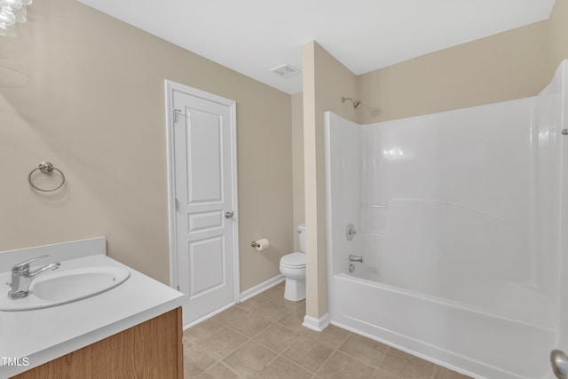 2513 Asher View Ct, Raleigh, NC 27606 - bathroom featuring toilet, vanity, shower / bathtub combination, tile patterned floors, and baseboards