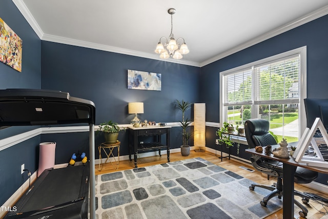 3821 La Costa Way, Raleigh, NC 27610 - office space with wood finished floors, crown molding, a chandelier, and baseboards