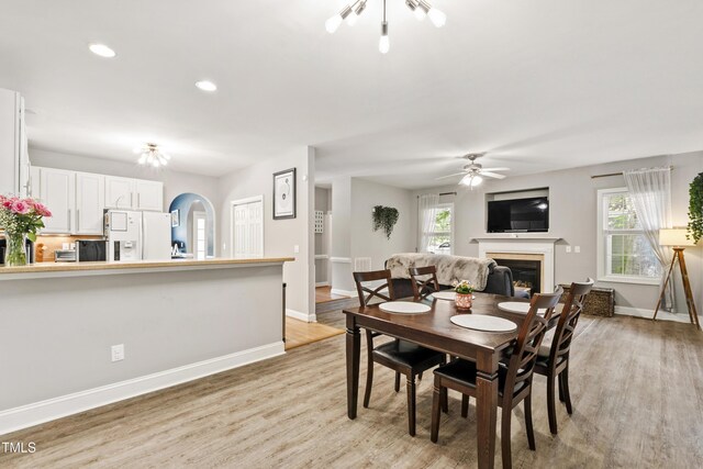 3821 La Costa Way, Raleigh, NC 27610 - dining area with baseboards, a fireplace, light wood-style flooring, healthy amount of natural light, and recessed lighting