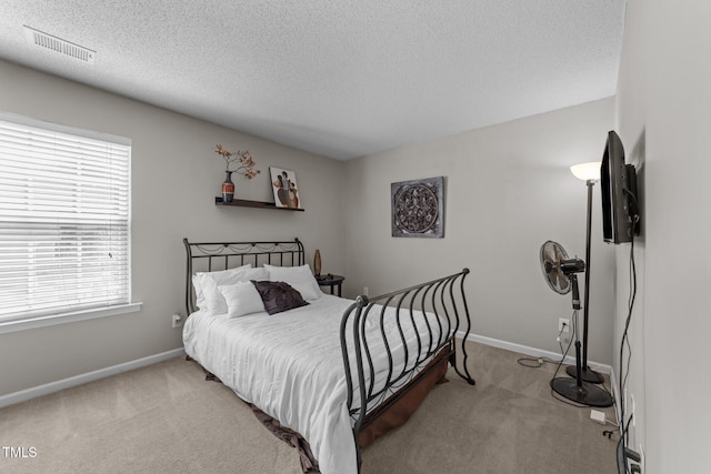 bedroom with carpet floors, a textured ceiling, and baseboards