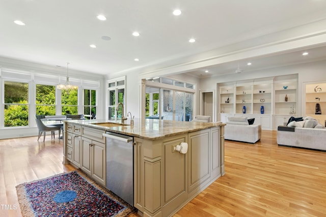 238 Michelangelo Way, Cary, NC 27518 - kitchen featuring dishwasher, a center island with sink, a sink, light wood-style floors, and recessed lighting