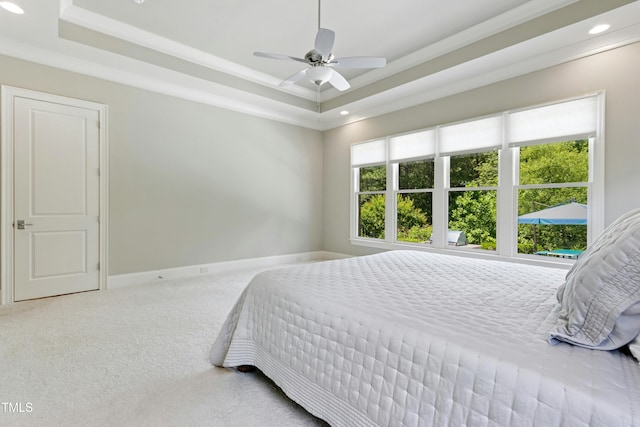 238 Michelangelo Way, Cary, NC 27518 - bedroom featuring a raised ceiling, carpet flooring, recessed lighting, crown molding, and baseboards