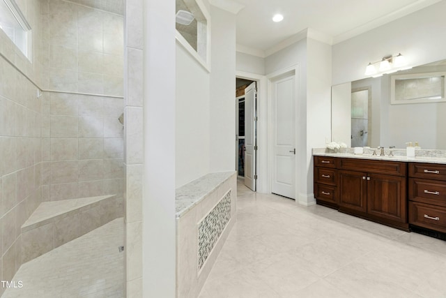 238 Michelangelo Way, Cary, NC 27518 - bathroom featuring vanity, walk in shower, crown molding, tile patterned floors, and recessed lighting