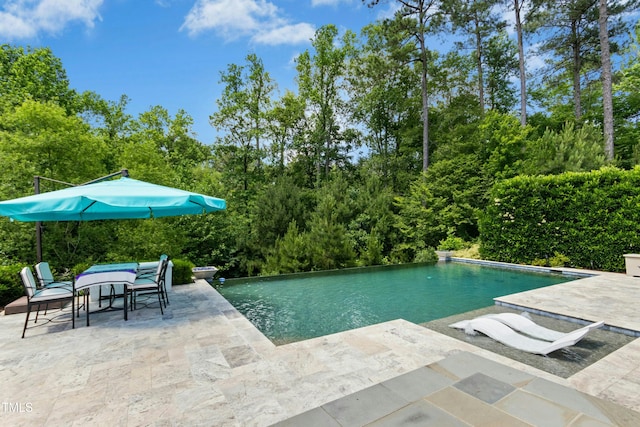 238 Michelangelo Way, Cary, NC 27518 - view of swimming pool with a patio area, an infinity pool, view of wooded area, and outdoor dining area