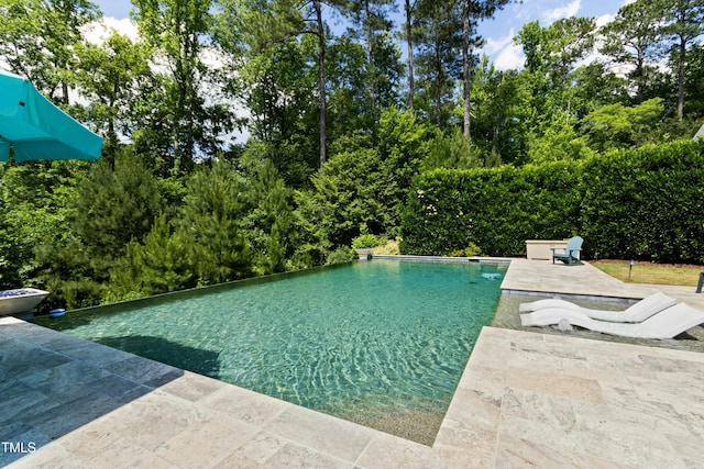 238 Michelangelo Way, Cary, NC 27518 - view of swimming pool with a patio area, an infinity pool, and view of wooded area