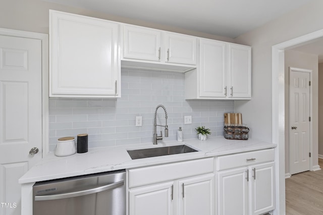 3204 Winfield Ct, Raleigh, NC 27610 - kitchen featuring stainless steel dishwasher, a sink, backsplash, and white cabinets