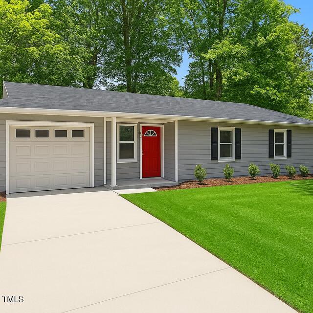 3204 Winfield Ct, Raleigh, NC 27610 - ranch-style house with driveway, an attached garage, and a front yard