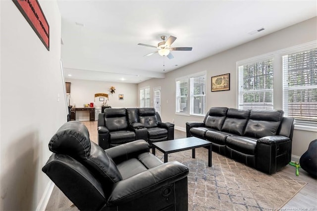 7680 Rufus Johnson Rd, Fayetteville, NC 28306 - living room featuring ceiling fan, baseboards, wood finished floors, and recessed lighting