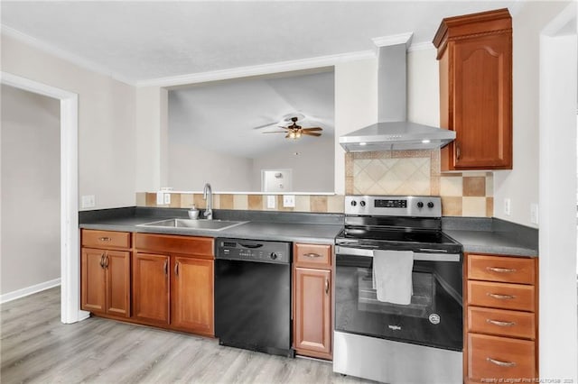 7076 Pantego Dr, Fayetteville, NC 28314 - kitchen featuring dishwasher, stainless steel electric stove, wall chimney range hood, a sink, and ornamental molding