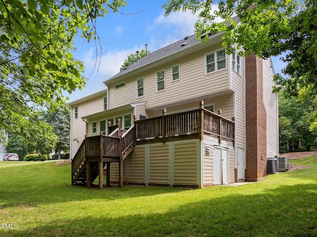100 Silver Lining Ln, Cary, NC 27513 - back of house with stairway, a deck, a yard, and central AC unit